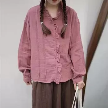 Johnature Винтажная рубашка женская весенняя V-образная горловина грибок кромка однобортный повседневный топ женский One Size чёрный