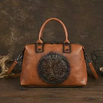 Johnature Винтажная сумка с тиснением вручную, женская сумка большой емкости из натуральной коровьей кожи, универсальные сумки через плечо коричневый