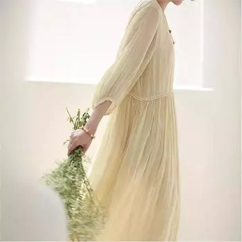 Johnature Винтажное платье с круглым вырезом и рукавами-фонариками, свободное, А-силуэт, женское, осеннее, однотонное, с круглым вырезом и рукавами-фонариками S жёлтый