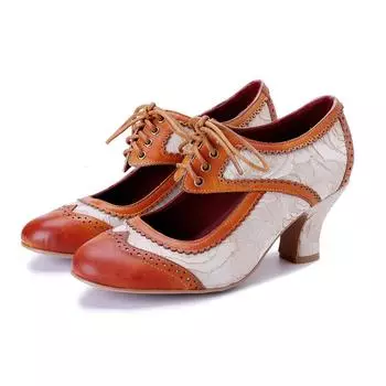 Johnature Винтажные лоскутные туфли Мэри Джейн на шнуровке на высоком каблуке, женская обувь из натуральной кожи ручной работы 36 коричневый
