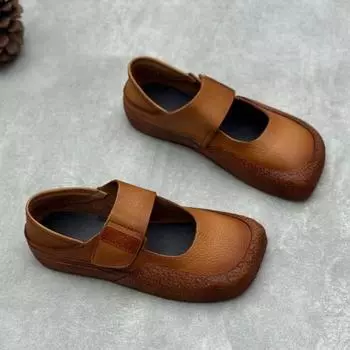 Johnature/Винтажные однотонные женские туфли ручной работы из натуральной кожи на плоской подошве с квадратным носком, удобная мягкая подошва 35 коричневый