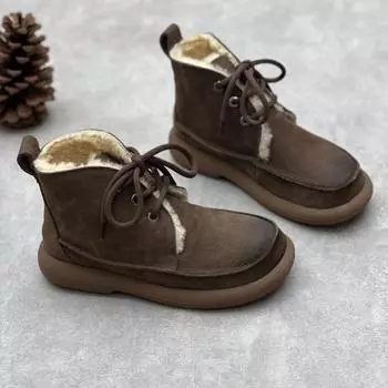 Johnature/Винтажные полусапоги из натуральной кожи, теплые женские хлопковые ботинки из натуральной кожи с круглым носком на шнуровке 35 серый