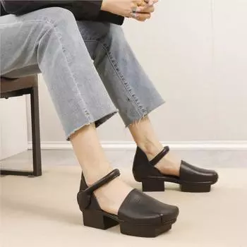 Johnature Винтажные сандалии с квадратным носком на толстой подошве, универсальные женские туфли из натуральной кожи на среднем каблуке 34 чёрный