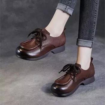Johnature Винтажные туфли-лодочки ручной работы из коровьей кожи на шнуровке с круглым носком, повседневные женские туфли 40 коричневый