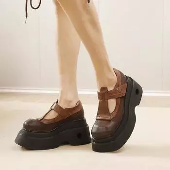 Johnature Винтажные туфли-лодочки с квадратным носком и толстой подошвой из натуральной кожи, женские туфли на платформе с увеличенным ростом 35 чёрный