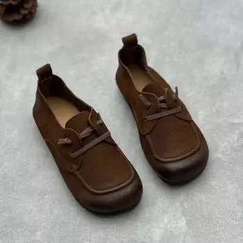 Johnature/Винтажные туфли ручной работы на мелкой плоской подошве, удобные женские туфли без шнуровки из натуральной кожи с круглым носком на мягкой подошве 35 кофейный