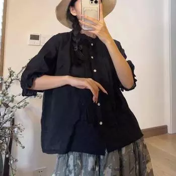 Johnature Винтажные женские рубашки, летние повседневные однотонные свободные блузки с воротником с оборками, 3 цвета, женские блузки, топы One Size фиолетовый