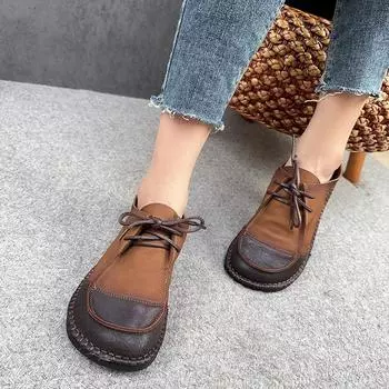 Johnature/Винтажные женские туфли из натуральной кожи на мягкой подошве со шнуровкой, однотонная повседневная обувь ручной работы на плоской подошве 37 коричневый