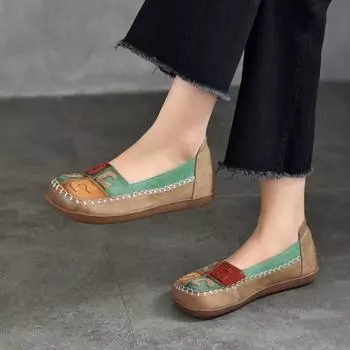 Johnature Vintage разноцветные женские туфли ручной работы из натуральной кожи с мягкой подошвой и квадратным носком на плоской подошве 35 серый