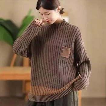 Johnature Винтажный цветной блокирующий ретро-свитер с воротником-стойкой для женщин, зимний нишевый свитер с длинными рукавами, свободный индивидуальный свитер One Size кофейный