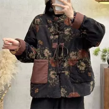 Johnature Винтажный китайский стиль печати женские зимние свободные однобортные длинные рукава пальто One Size