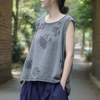 Johnature Винтажный принт цветочный топы женские O-образный вырез без рукавов летние китайские свободные майки One Size