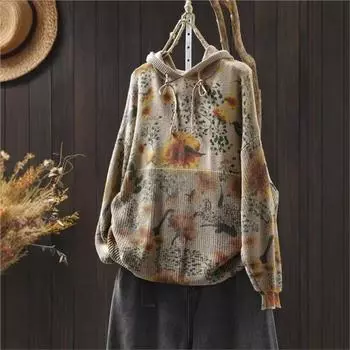 Johnature Винтажный принт на завязках Модный свитер с капюшоном Женский зимний свободный повседневный свитер с длинными рукавами One Size кофейный