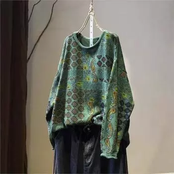 Johnature Винтажный принт Свободный повседневный свитер с круглым вырезом для женщин Зимние нишевые длинные рукава Ретро-свитера в индивидуальном стиле One Size зелёный