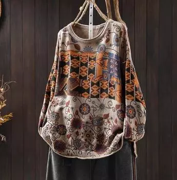 Johnature Винтажный свободный свитер с круглым вырезом для женщин, зимний свитер с длинными рукавами в китайском стиле в винтажном стиле One Size хаки