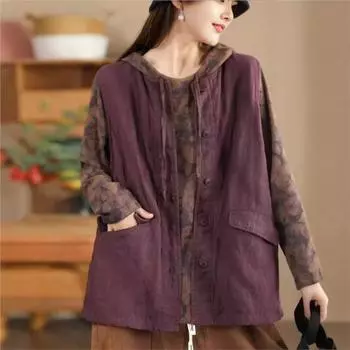 Johnature Винтажный свободный жилет без рукавов в китайском стиле с бриллиантами, женский осенний однобортный однотонный жилет с круглым вырезом L