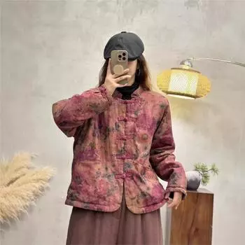 Johnature Винтажный твиловый принт однобортный женский зимняя мода свободные длинные рукава пальто One Size