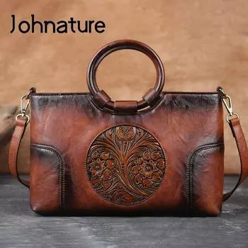 Johnature Высококачественная кожаная женская сумка в стиле ретро, сумки на плечо с тиснением ручной работы, большая вместительная женская сумка-мессенджер чёрный