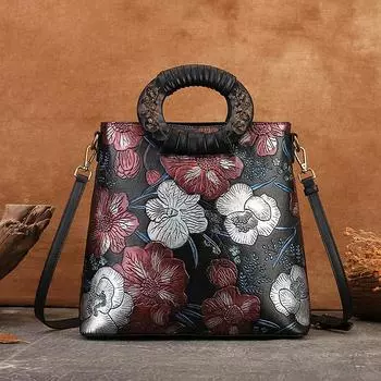 Johnature Высококачественная кожаная женская сумка в стиле ретро, сумки на плечо с тиснением ручной работы, большая вместительная роскошная сумка с цветочным принтом серебряный