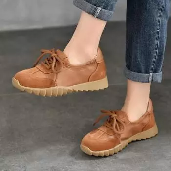 Johnature Высококачественная натуральная кожа на шнуровке повседневная обувь весна/лето 2025 новые мягкие подошвы с круглым носком женские туфли на плоской подошве 35 коричневый