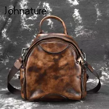 Johnature Высококачественная сумка на плечо из натуральной кожи, женский рюкзак, винтажный рюкзак для отдыха из воловьей кожи, ручная роспись, мини-рюкзак чёрный