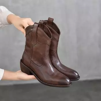 Johnature Высококачественные сапоги из натуральной кожи с острым носком и средней длиной до икры. Рыцарские сапоги на среднем каблуке. Женская обувь в стиле ретро. 35 чёрный