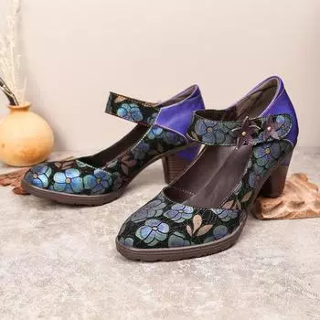 Johnature васильково-синий женская модная обувь на высоком каблуке, винтажные туфли-лодочки с цветочным принтом, удобная женская обувь на липучке с круглым носком 36 синий