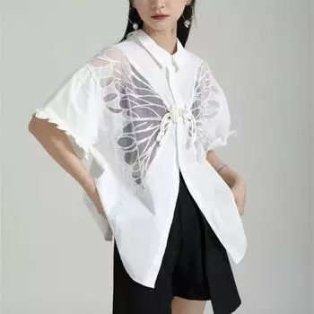 Johnature Wearing Butterfly Flower White Short-sleeved Shirt On Both Sides Women Shirt Summer Fashion Hollow Out Casual Top One Size чёрный