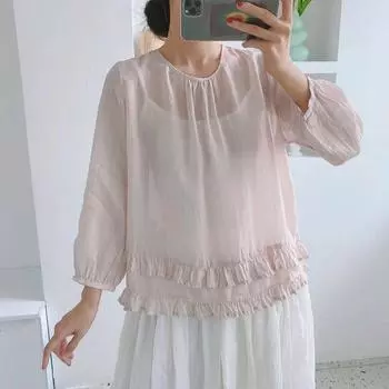 Johnature весенне-осенние тонкие женские рубашки с винтажными оборками, однотонные универсальные женские блузки Mori
