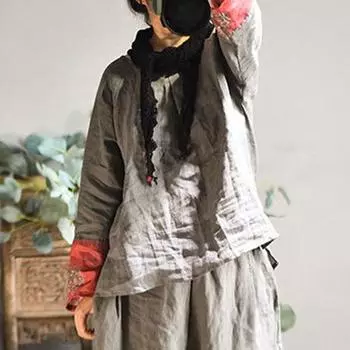 Johnature, весенне-осенняя винтажная лоскутная рубашка в стиле ретро с круглым вырезом, длинными рукавами, хлопково-льняная рубашка, свободные блузки для отдыха M серый