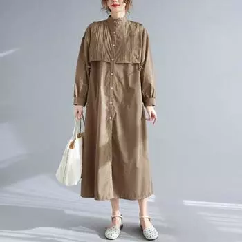 Johnature, весеннее сшитое женское однобортное платье с воротником-стойкой, повседневное однотонное свободное простое женское платье One Size чёрный