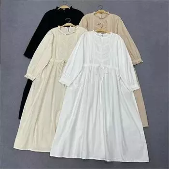 Johnature весеннее женское платье с рюшами и воротником-гармошкой, однотонное хлопковое длинное платье, винтажное свободное платье Mori