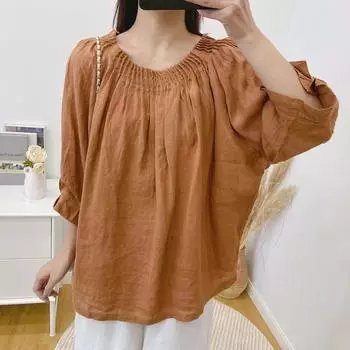 Johnature весенние льняные рубашки для женщин винтажные японские свободные женские блузки с воротником с оборками и рукавами три четверти One Size хаки