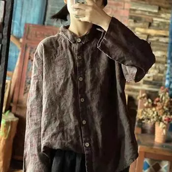 Johnature весенние льняные винтажные женские рубашки с принтом и длинными рукавами, свободные женские блузки в китайском стиле, топы One Size кофейный