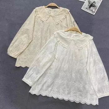 Johnature, весенние свободные однотонные женские рубашки с вышивкой Mori, с отложным воротником, винтажные простые универсальные блузки