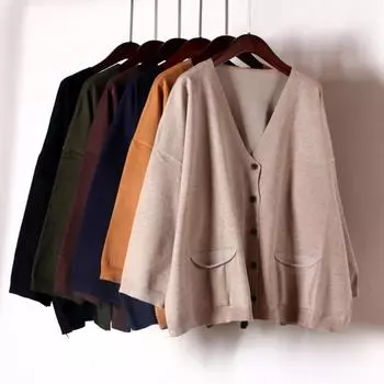 Johnature весенние женские кардиганы, свитера, однотонные свободные пальто с v-образным вырезом и длинными рукавами, универсальные карманы One Size зелёный