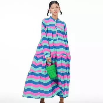 Johnature весенние женские красочные хитовые цветные платья для женщин модные полосатые лоскутные торт модные повседневные свободные платья с круглым вырезом