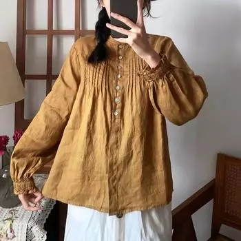 Johnature, весенние женские рубашки, топы, винтажные повседневные свободные плиссированные однотонные блузки с оборками, универсальные женские блузки One Size кофейный