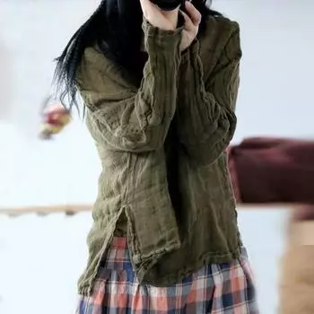 Johnature, весенний однотонный женский льняной топ, свободный мягкий винтажный пуловер с длинными рукавами и круглым вырезом, оливково-зеленая футболка One Size оливковое зеленый