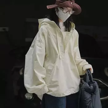 Johnature весенняя корейская версия повседневные уличные женские рубашки с капюшоном японский пуловер ветрозащитные молнии свободные блузки S бежевый