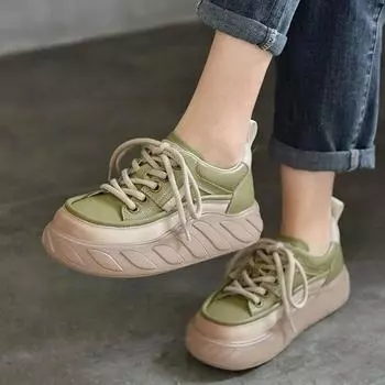 Johnature/весенняя женская обувь из натуральной кожи на толстой подошве, повседневные туфли на плоской платформе с круглым носком и шнуровкой 35 бежевый