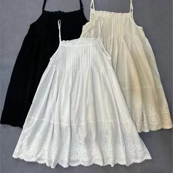 Johnature весна-лето хлопковое плиссированное платье-комбинация с вышивкой снизу многослойные повседневные женские платья Mori One Size бежевый