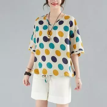 Johnature весна-лето корейские свободные рубашки с v-образным вырезом с коротким рукавом в горошек повседневные универсальные женские блузки