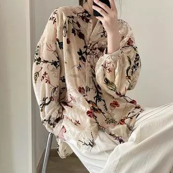 Johnature весна-лето корейский винтажный бархатный принт в стиле суда свободные повседневные жаккардовые женские блузки с цветочным принтом S бежевый
