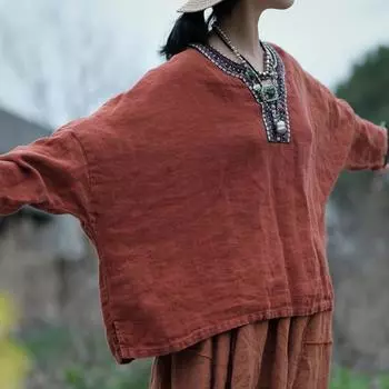 Johnature весна-лето женская льняная футболка с v-образным вырезом винтажная свободная футболка с рукавами однотонная футболка в стиле дистресс One Size красный