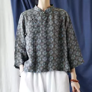 Johnature весна-лето женская льняная футболка в китайском стиле винтажная свободная повседневная футболка с воротником-стойкой One Size