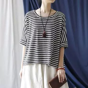 Johnature весна-лето женская повседневная свободная футболка с коротким рукавом модная винтажная футболка в полоску с круглым вырезом One Size синий