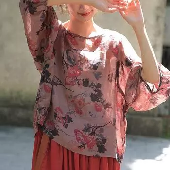 Johnature весна-лето женская рубашка рами с принтом в китайском стиле винтажная свободная рубашка с круглым вырезом и половиной рукава One Size света кофе