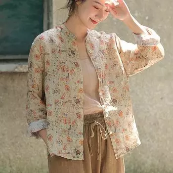 Johnature весна-лето женская рубашка с принтом рами свободная винтажная повседневная однобортная рубашка с длинным рукавом и воротником One Size легкие хаки