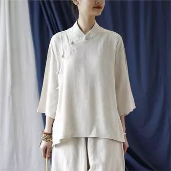 Johnature весна-лето женская винтажная рубашка с семиточечными рукавами и воротником однотонная рубашка One Size бежевый